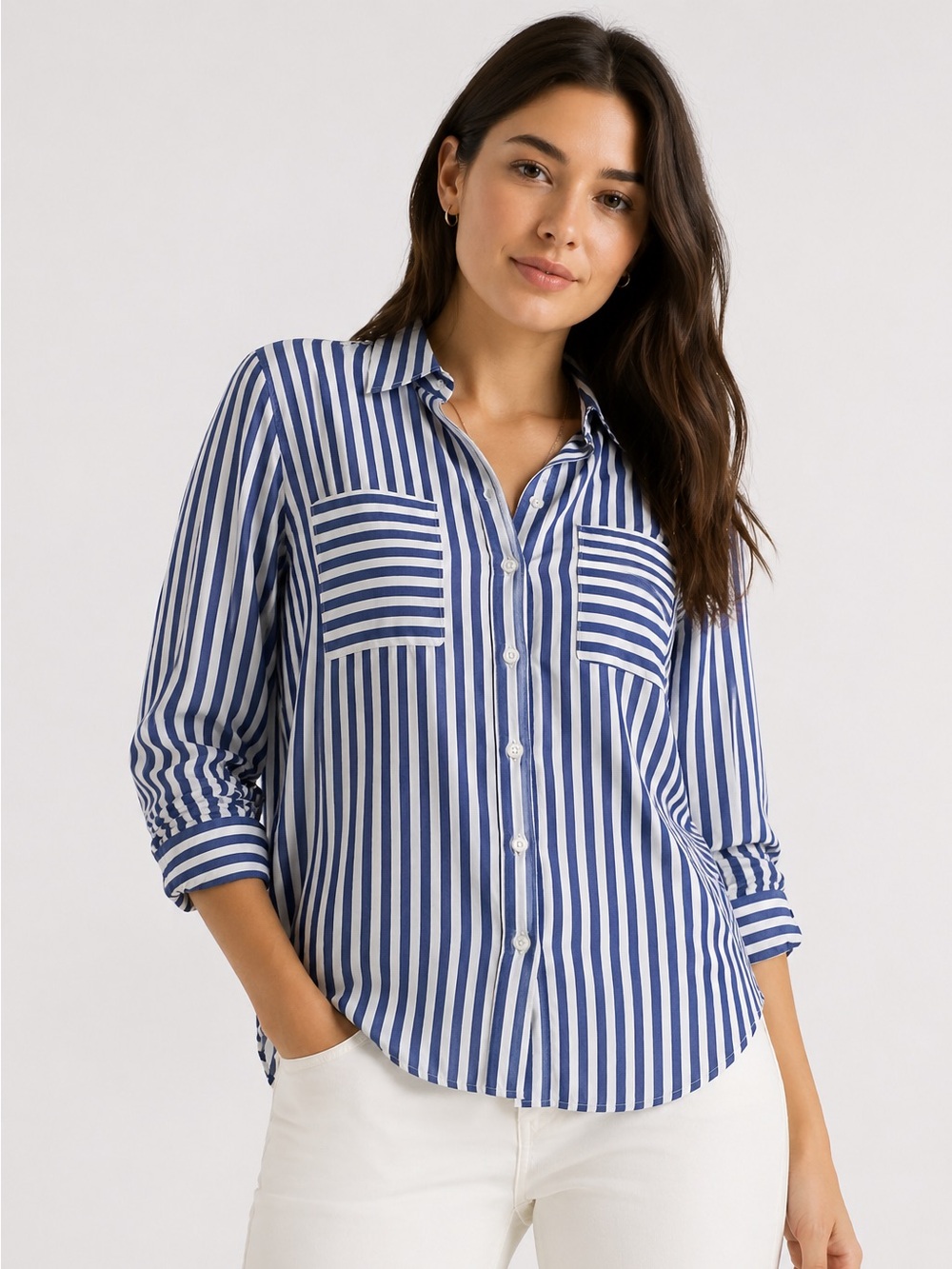 Express Blue & White Striped Button Front Blouse | Size Large